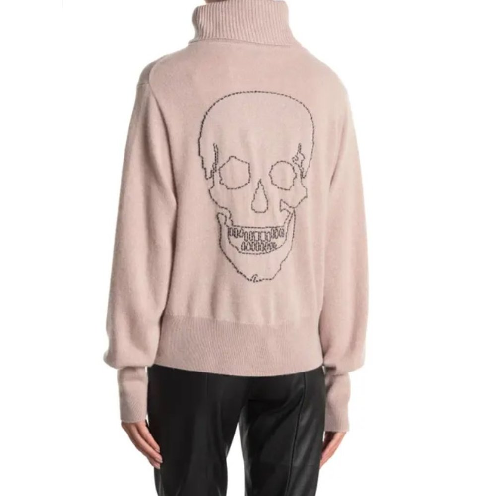 100% cashmere pink skull funnel neck sweater